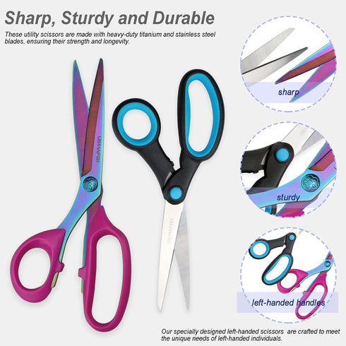 Left Handed Scissors Set - 2-Pack (9" Heavy Duty Titanium Coating Fabric Shears & 8" All Purpose Scissors) for Sewing/Crafting/Office Use, Great f...