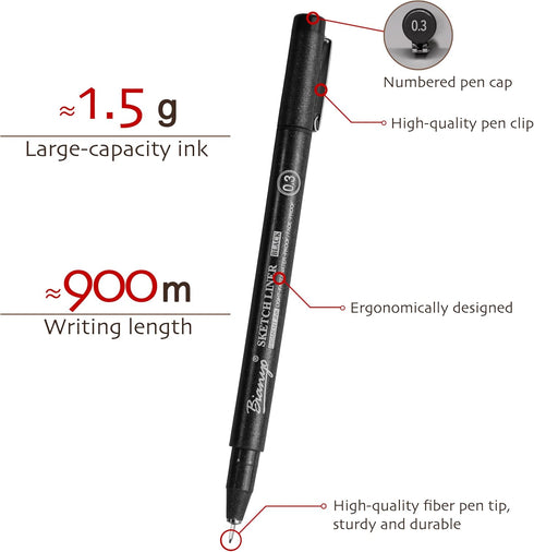 Bianyo Micro Drawing Pens Art Supplies - 10 Assorted Art Pens + 2 Black Art Markers, Upgraded Pigment Water-Resistant Archival Ink, Bonus Pouch Ba...