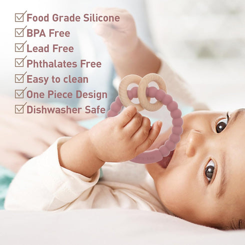 Baby Teether, One Piece Design Silicone & Beech Teething Ring Toy for Babies, BPA Free (Light Grey)...