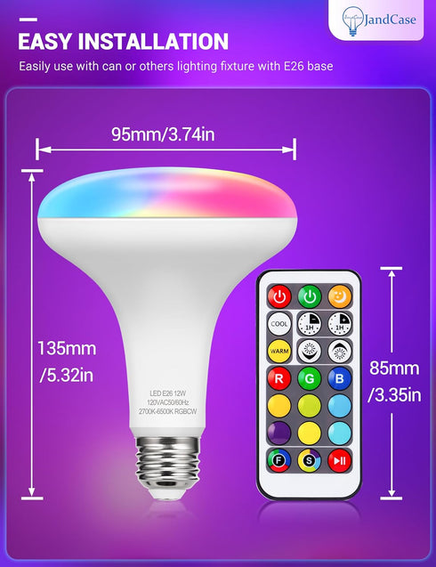 JandCase BR30 Color Changing Light Bulb, RGB+Warm+Cool White LED Flood Lights, 12W(100W Equivalent), 1050lm, Remote Control, Dimmable Multi-color ...