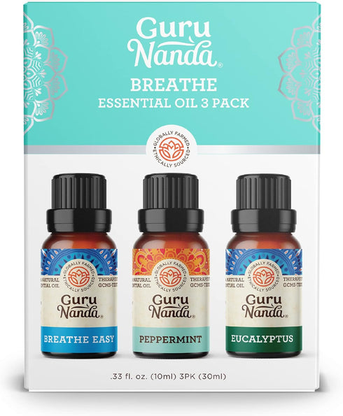 GuruNanda Breathe Essential Oil Set (Pack of 3 x 0.34 Fl Oz) - 100% Pure, Natural & Undiluted Diffuser Oils for Aromatherapy - Helps Support Clear...