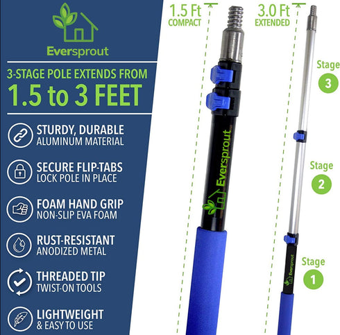 EVERSPROUT 1.5-to-3 Foot Telescopic Extension Pole | Lightweight Sturdy Aluminum Handle | Easy to Use Flip-Tab Lock Mechanism | Twist-On Metal Tip...