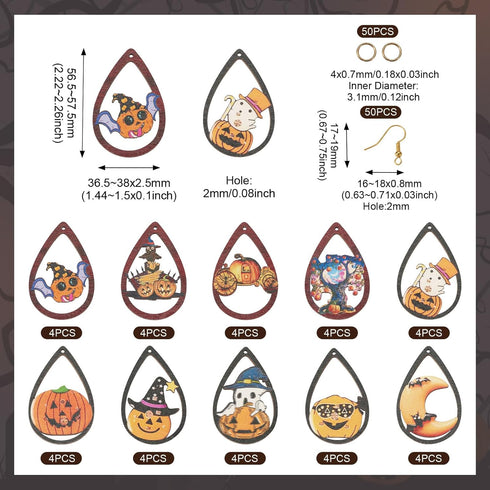 Craftdady 40Pcs Halloween Teardrop Charms Wooden Earring Making Kit Pumpkin Ghost Moon Pendants with Brass Jump Ring & Earring Hooks for Adults Cr...