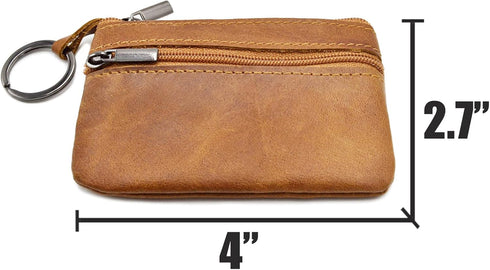 Women Genuine Leather Coin Pouch Zip Mini Purse Wallet Key Chain Double Zipper...