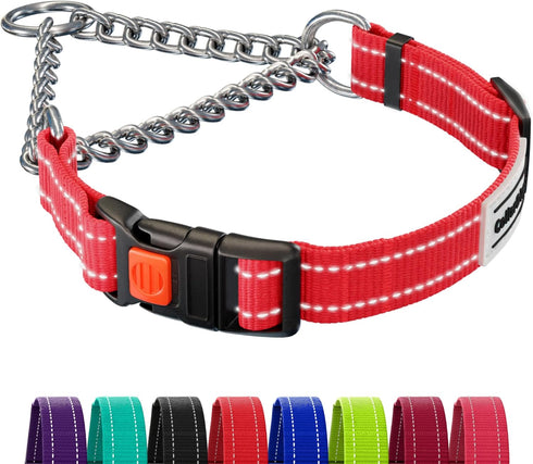 CollarDirect Martingale Dog Collar with Stainless Steel Chain and Quick Release Buckle - Reflective Collar for Large, Medium, Small Dogs - Red, Sm...