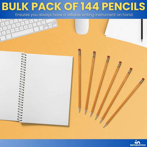1InTheOffice Pre Sharpened Pencils #2, Pencils with Eraser, 2 HB, Wood-Cased, Black Lead, Yellow Barrel (144)...