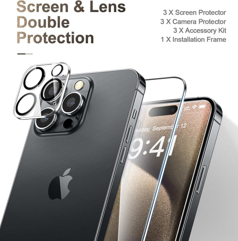 CANSHN [3+3 Pack for iPhone 15 Pro Screen Protector Tempered Glass & Camera Lens Protector Accessories with Easy Installation Frame, Double Shatte...