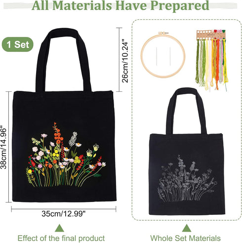 WADORN DIY Canvas Tote Bag Embroidery Kit, Black Canvas Bag Flower Cross Stitch Kit with Pattern and Instruction Personalized Bag Funny Hand Needl...