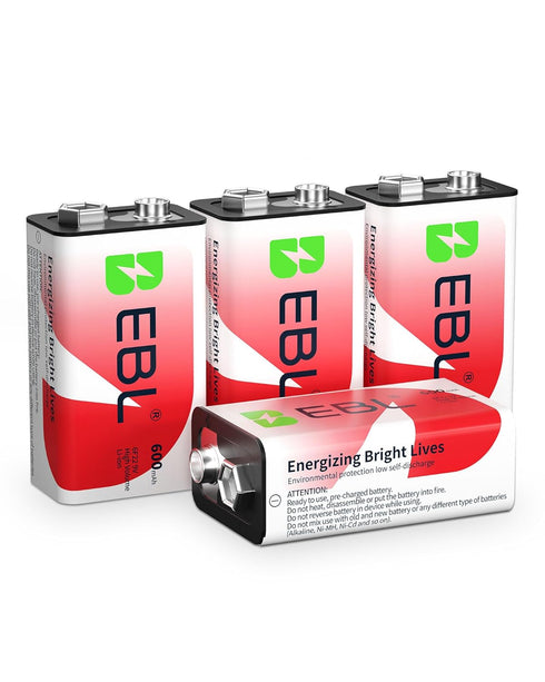 EBL 9V Rechargeable Batteries 9 Volt Lithium ion 600mAh Li-ion Batteries (4-Packs)...