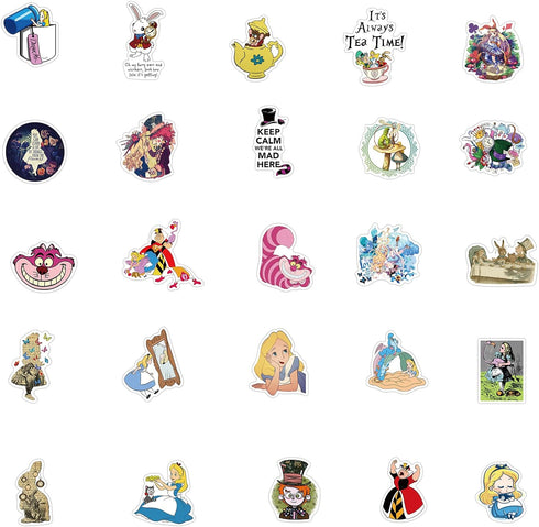 Alice in wonderlan Stickers for Water Bottle, 50pcs Cute Cartoon Waterproof Vinyl Decal for Teen Girl Kids Laptop Luggage Bike Guitar Phone Skateb...
