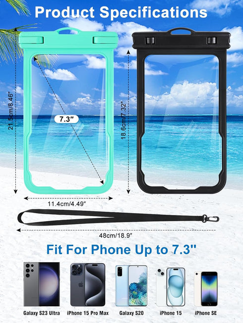 2 Pcs Waterproof Phone Pouch, Universal Waterproof Phone Case for iPhone Samsung Google Up to 7.3'', IPX8 Water Proof Cellphone Dry Bag for Snorke...