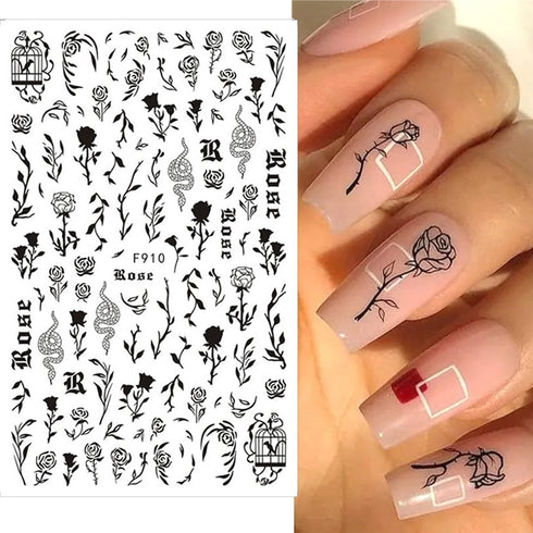 Butterfly Nail Stickers 3D Self-Adhesive Rose Nail Art Stickers Gothic Design Star Nail Decals Black Sun Moon Flame Flower Nail Art Supplies for W...