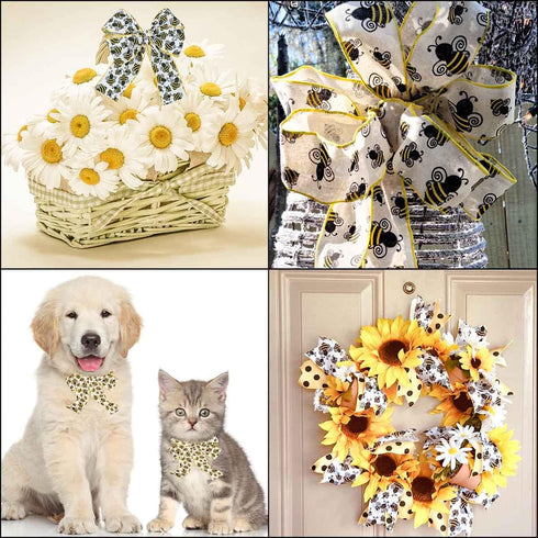 10 Yards Bee Wired Edge Ribbon Bumble Bee Burlap Ribbon Polyester Fabric Summer Bee Decorative Ribbons for Gift Wrapping DIY Craft Party Decoratio...
