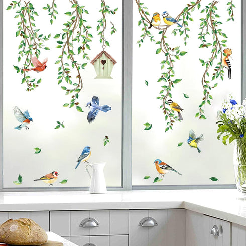 decalmile Spring Summer Hanging Green Vine Double Sided Window Clings Birds Tree Leaves Window Decals Anti-Collision Glass Window Doors Window Sti...