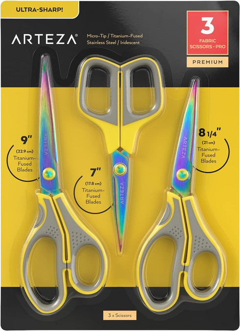 ARTEZA Fabric Scissors, 7, 8.25 and 9 Inches, Set of 3, Titanium-Coated Stainless Steel Craft Scissors with Micro Tips...