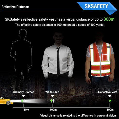 SKSAFETY 10 Pockets Safety Vest, Class 2 High Visibility Security with Zipper, Hi Vis Vest with Reflective Strips, ANSI/ISEA Standard, Constructio...