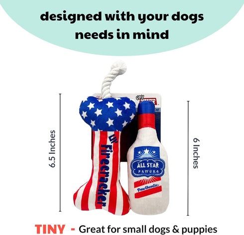 Huxley & Kent Tiny Tuff | Red, White, & Booze | Extra Tough Dog Toy for Small Dogs | 2-Pack Funny Dog Toy | Features Squeaker, Crinkle | Machine W...
