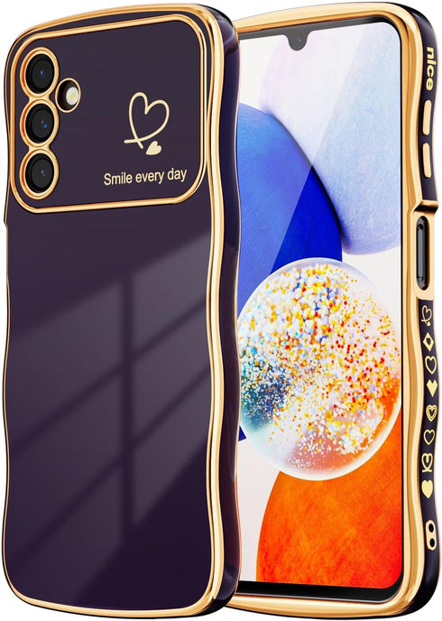 MINSCOSE for Samsung Galaxy A14 5G Phone Case,Luxury Cute Curly Wave Frame with Love Heart Plating Pattern,Raised Full Camera Lens Protection Cove...