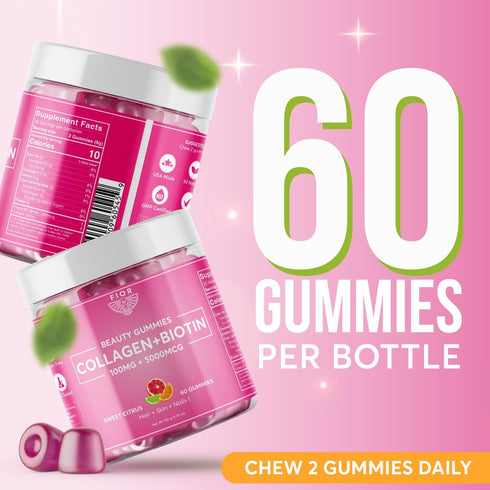 FIOR 60 ct Biotin and Collagen Supplements. Best Collagen & Biotin Vitamins for Hair Skin and Nails. Collagen Gummies & Biotin Gummies are Hair Sk...