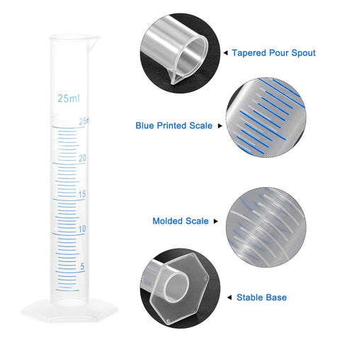 uxcell Plastic Graduated Cylinder, 25ml Measuring Cylinder, Science Test Tube Beakers, 2-Sided Metric Marking, Clear Hex Base for Lab Home 12Pcs...