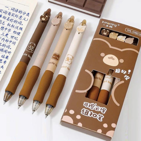 4 Pcs Erasable Gel Ink Pens Retractable Pens Cute Bear Pens 0.5mm Fine Point Pen Office School Pens Women Girls Pens (Black Ink-Coffee Bear)...