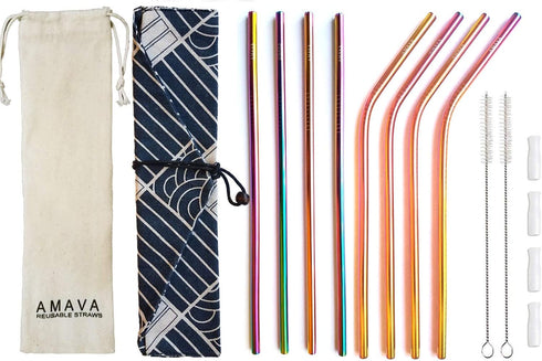 Reusable Straws Set, Stainless Steel Metal, Colorful, Includes 8 Straws, 4 Silicone Tips, 2 Cleaning Brushes, and 2 Travel Pouches, Draw String Ba...