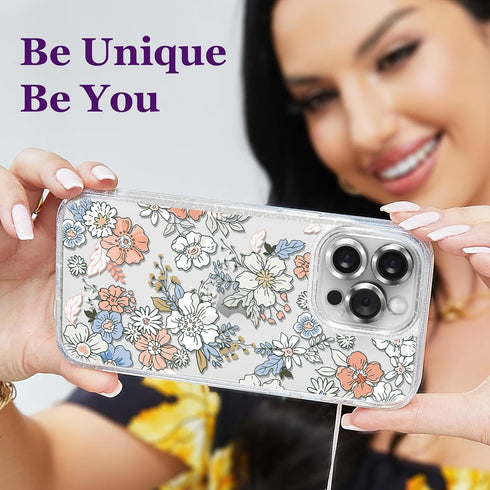 Compatible for iPhone 14 Pro Max Case Cute Aesthetic - Glitter Clear Phone Case with Camera Protector - Lovely Flowers Cover with Wrist Strap Desi...