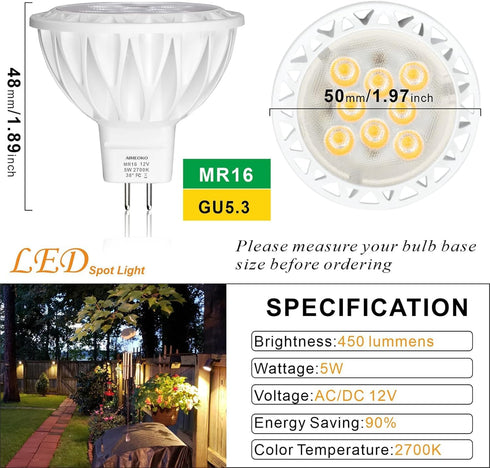 MR16 LED Bulb Light Bulbs 6 Pack, 5W (50W Halogen Equivalent) 2700K Warm White GU5.3 Base 12V Spotlight Non-Dimmable 38 Deg 450Lm for Landscape Re...