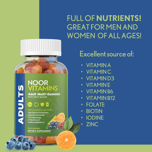 Noor Vitamins Halal Adult Multivitamin Gummy with Organic Fruit Blend for Men and Women; Non-GMO, Gluten Free, Gelatin Free Halal Vitamins - 90 Co...