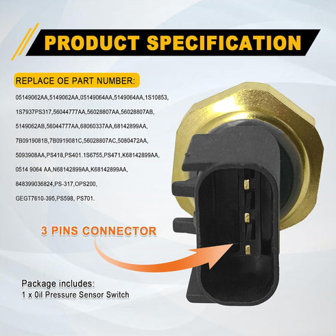 Engine Oil Pressure Sensor Sender Switch Compatible with Chrysler 200 Aspen Pacifica Jeep Grand Cherokee Dodge Magnum Avenger Ram 1500 2500 3500, ...