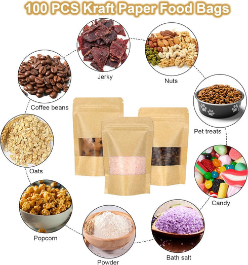 Blisstime Stand Up Pouch, 100 Pack Self-seal Kraft Paper Bags with Matte Window and Tear Notch Resealable Bags for Small Business and Home Use (4....