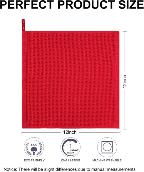 joybest Cotton Kitchen Dish Cloths, 8-Pack Waffle Weave Ultra Soft Absorbent Dish Towels Washcloths Quick Drying Dish Rags, 12x12 Inches, Red...