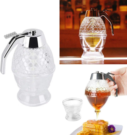 Squeeze Honey Dispenser,Plastic No Drip Maple Syrup Dispenser,Juice Jar Container Bee Drip Dispenser, Honey Pot with Stand,200ML...