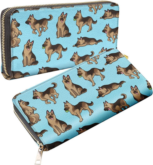 WIRESTER PU Leather Clutch Purse Card Holder Wallet, Zip Around Long Wallet for Women - German Shepherd Funny Playful Postures Light Blue...