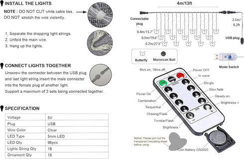 Lainin USB Powered 13FT 96 LED Curtain Lights 16 Butterflies Twinkle Lights 8 Modes Fairy Light Strip for Party Indoor Outdoor Room Garden Wedding...