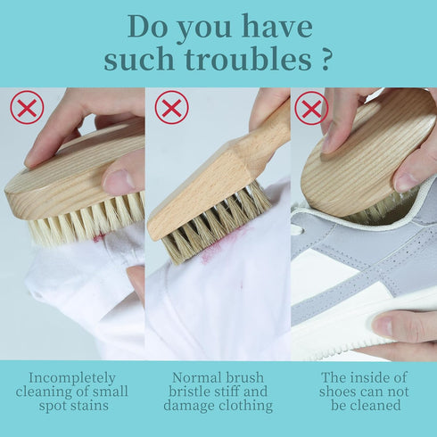 BFWood Laundry Stain Brush, Natural Soft Boar Bristles, Removes Tough Stains from Delicate Fabrics Like Knits, Cotton, and Linens, Gentle on Fabri...