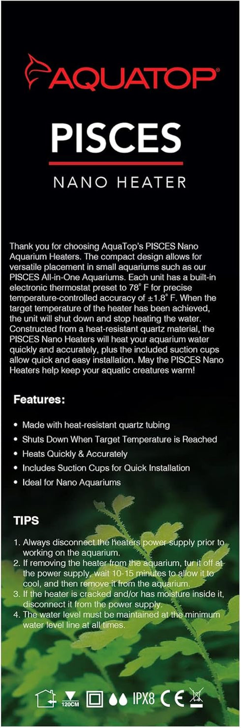 Aquatop 10W Pisces Nano Heater - Fully Submersible for Nano Fish Tanks Up to 3 Gallons, Preset 78F Electric Thermostat, Heat-Resistant Water Heate...