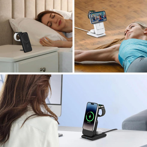 DDUAN 3 in 1 Wireless Charging Station, Foldable Fast Charger Stand with 5000mAh Mag-Safe Portable Battery Bank for iPhone 15/14/13/12, for All Ap...