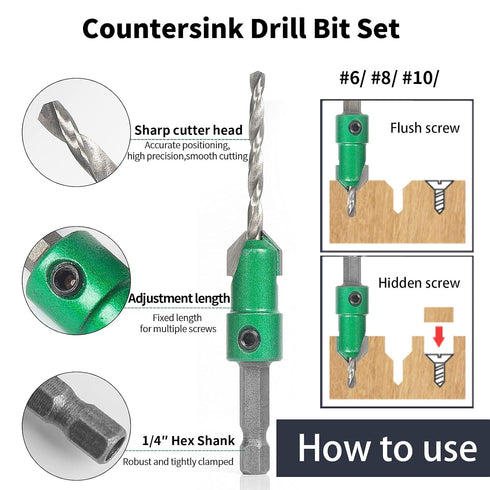 KOWOOD Pro Countersink Drill Bit Set # 6, 8, 10, 3-Piece for Wood,High Speed Steel Woodworking Carpentry Reamer with 1 Free Hex Key Wrench...