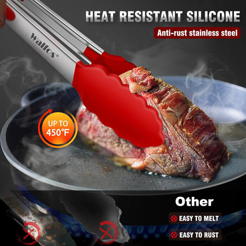 Walfos Kitchen Tongs - 7" 9" and 12" Heat Resistant Cooking Tongs, Stainless Steel and BPA Free Silicone Tips, Great for Cooking, Salad, Grilling,...