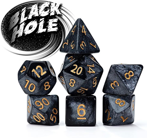 Gate Keeper Games and Dice: Mercurial Dice: Black Hole - 7pc RPG Set, Deep Shimmering Black Resin & Gold Numerals, Resin Dice for Role Playing Gam...