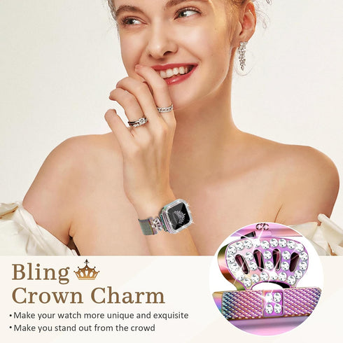 Magnetic Band with Bling Case Women Compatible with Apple Watch 45mm Crown Stainless Steel Strap Dressy Milanese Loop Protective Cover for iWatch ...