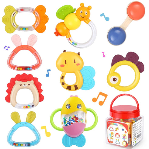 MOONTOY Baby Rattles Teether Set Toys for 0 1 2 3 4 5 6 7 8 9 10 11 12 Month Old Baby Boy Girl, 9PCS Baby Toys Sensory Toys Early Development Newb...