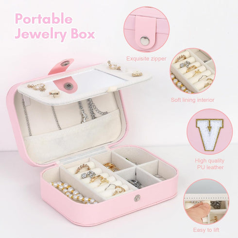 FUNARTY Travel Jewelry Box Organizer, Pink Jewelry Case Initial Jewelry Boxes Jewelry Organizer Travel Essentials Birthday Gifts for Women Teen Gi...