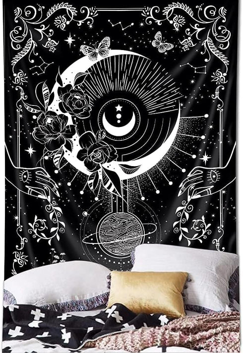 Riyidecor Gothic Vertical Goth Tapestry Wiccan Witch Wall Hanging Moon Tarot 30Wx50H Inch Goth Black White Aesthetic Floral Small Bohemian Stars M...