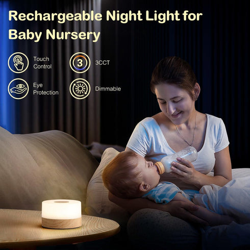 JUSHENG Rechargeable Night Light for Baby Nursery, Wireless LED Bedside Lamp Wood Grain Table Lamp with Dimmable and 3CCT Function, Touch Lights f...