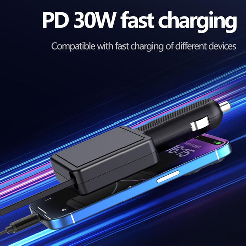 Type-c Retractable Data Car Charger, 30W Fast Car Phone Charger, Cigarette Lighter Adapter for iPhone 15/14/13/iPad,Galaxy,Pixel...