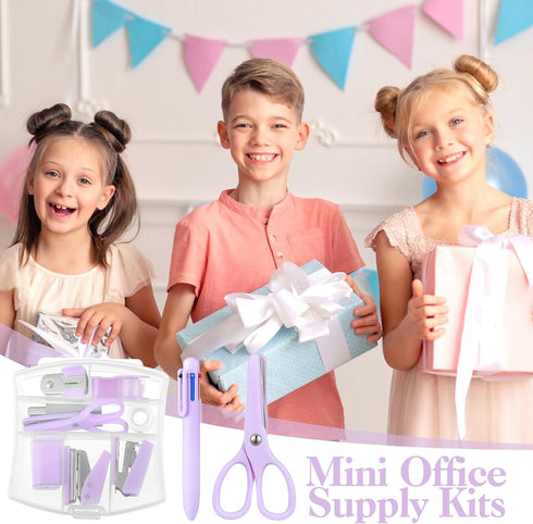Mini Office Supplies, Purple School Supplies with Sticky Notes,Mini Stapler,Tape Dispenser,Hole Punch,Staple Remover,Staples,Clips,Scissor,Pen (Pu...