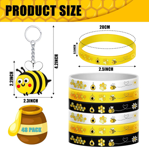 48 Pieces Cute Bee Keychain Bee Rubber Bracelets Bee Birthday Party Favors Honey Bee Silicone Wristband Bee Party Decorations for Birthday Supplie...