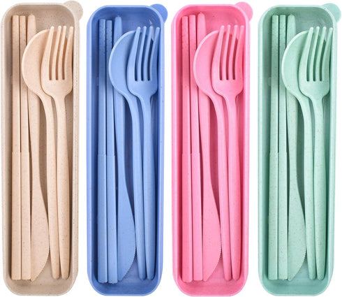 4 Sets Travel Utensils with Case, Reusable Utensils Set with Case, Wheat Straw Travel Chopsticks Knife Spoon and Fork Set, Portable Utensils Set w...